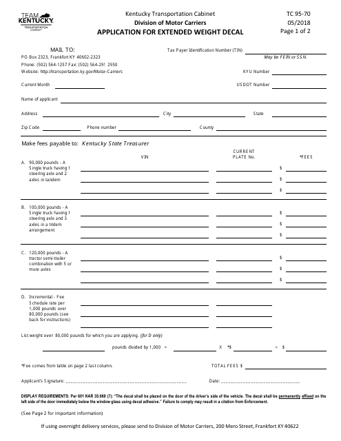 Form TC95-70 Application for Extended Weight Decal - Kentucky