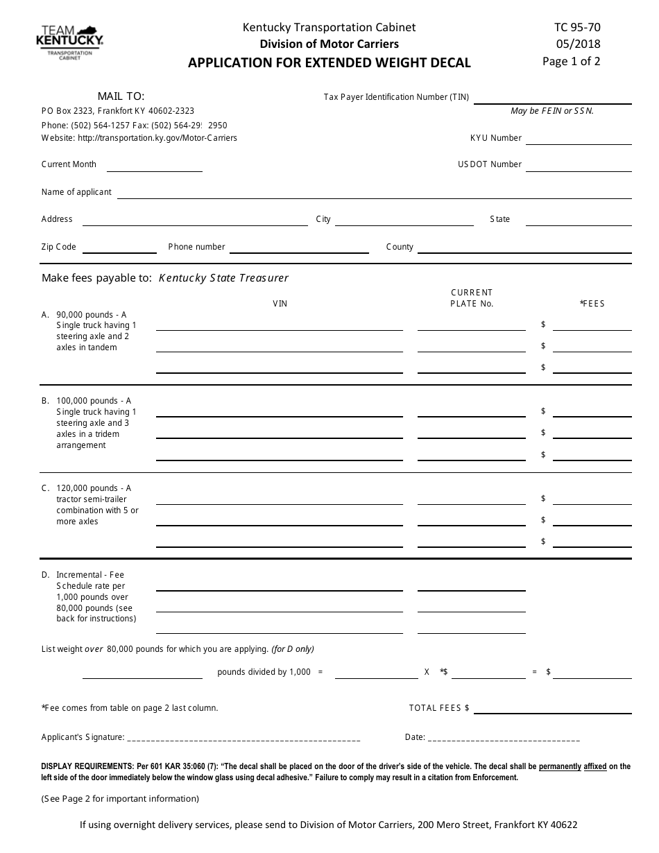 Form TC95-70 Application for Extended Weight Decal - Kentucky, Page 1