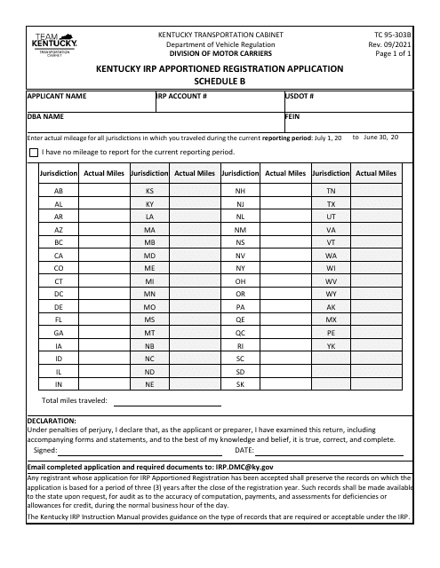 Form TC95-303B Schedule B Kentucky Irp Apportioned Registration Application - Kentucky