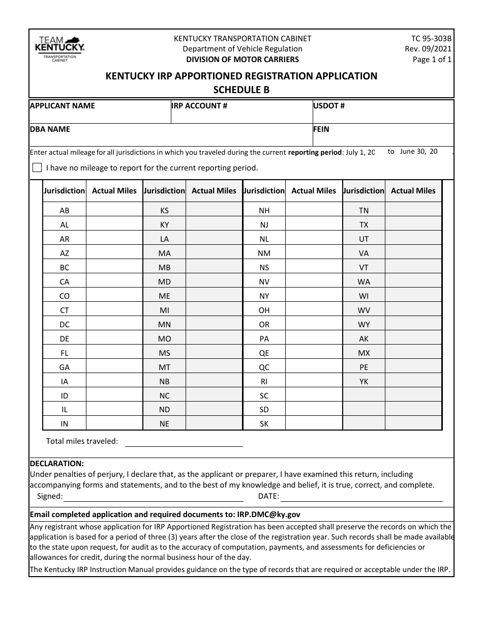 Form TC95-303B Schedule B Kentucky Irp Apportioned Registration Application - Kentucky, Page 1