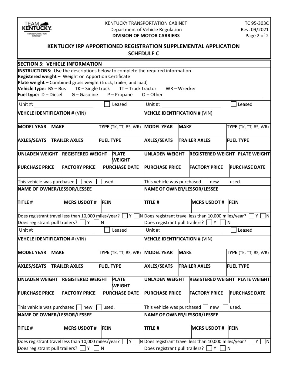Form TC95-303C Schedule C Kentucky Irp Apportioned Registration Supplemental Application - Kentucky, Page 2