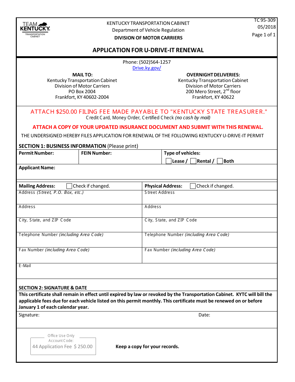 Form TC95-309 Application for U-Drive-It Renewal - Kentucky, Page 1