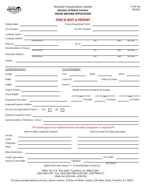Form TC95-310 House Moving Application - Kentucky