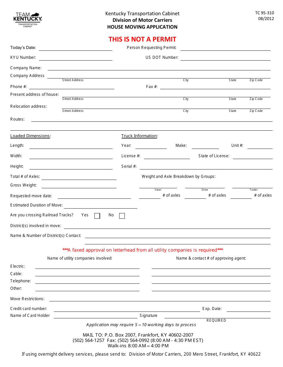 Form TC95-310 House Moving Application - Kentucky, Page 1