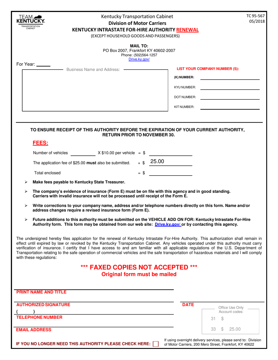 Form TC95-567 Kentucky Intrastate for-Hire Authority Renewal - Kentucky, Page 1
