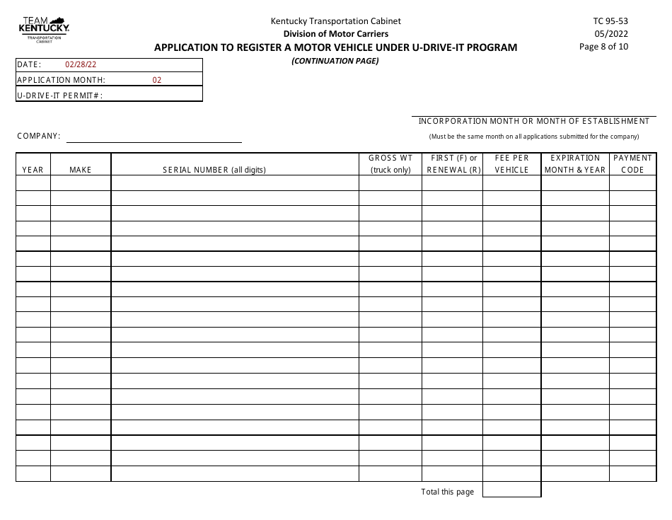 Form TC95-53 Application to Register a Motor Vehicle Under U-Drive-It Program - Kentucky, Page 10