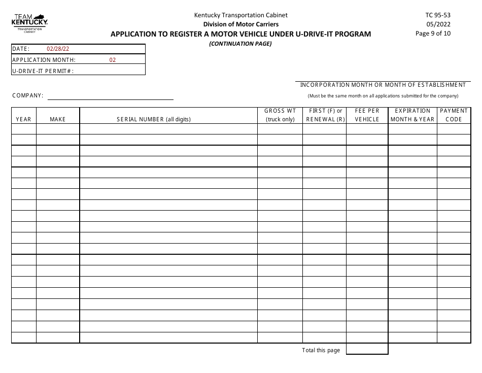 Form TC95-53 Application to Register a Motor Vehicle Under U-Drive-It Program - Kentucky, Page 11