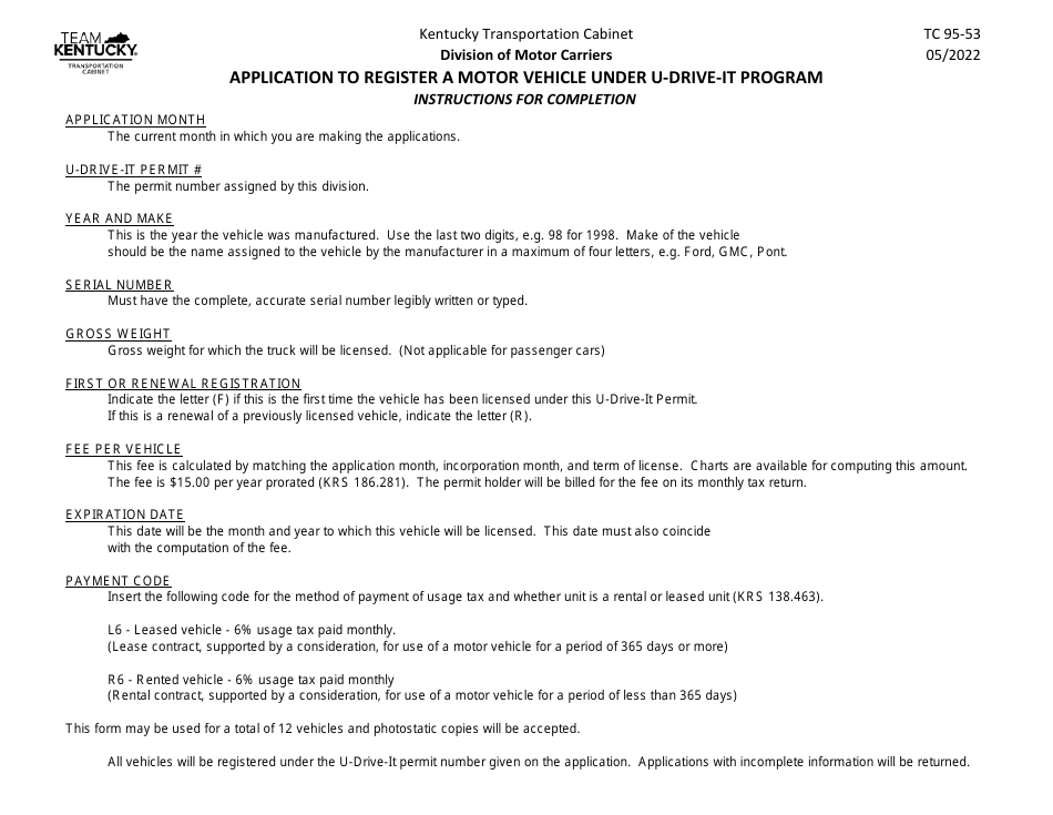 Form TC95-53 Application to Register a Motor Vehicle Under U-Drive-It Program - Kentucky, Page 1