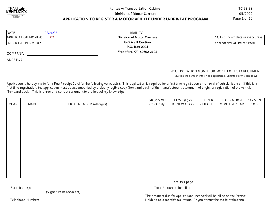Form TC95-53 Application to Register a Motor Vehicle Under U-Drive-It Program - Kentucky, Page 3