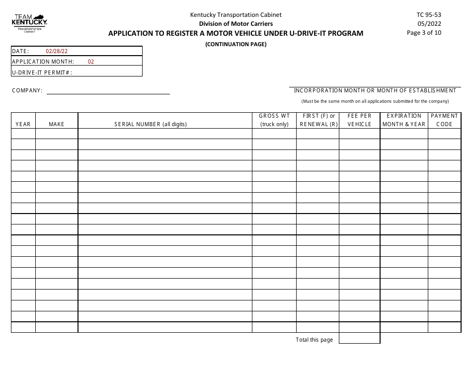 Form TC95-53 Application to Register a Motor Vehicle Under U-Drive-It Program - Kentucky, Page 5
