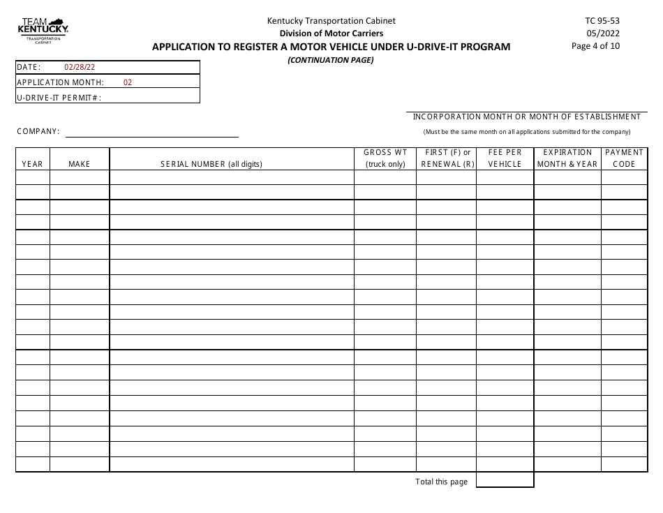 Form TC95-53 Application to Register a Motor Vehicle Under U-Drive-It Program - Kentucky, Page 6