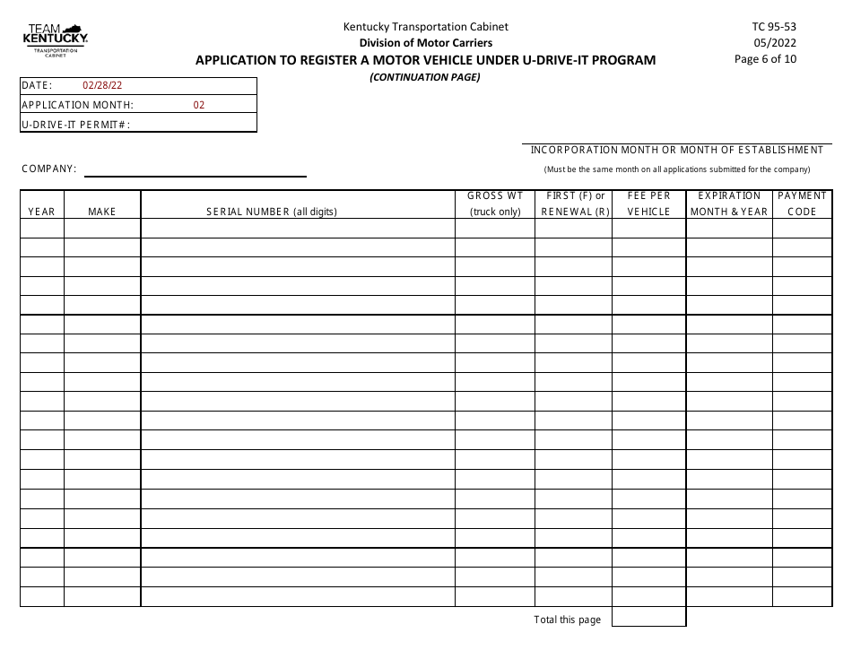 Form TC95-53 Application to Register a Motor Vehicle Under U-Drive-It Program - Kentucky, Page 8