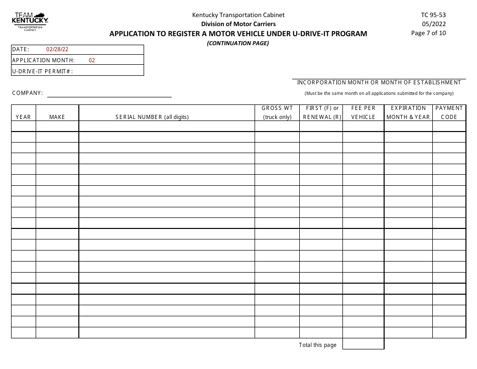 Form TC95-53 Application to Register a Motor Vehicle Under U-Drive-It Program - Kentucky, Page 9