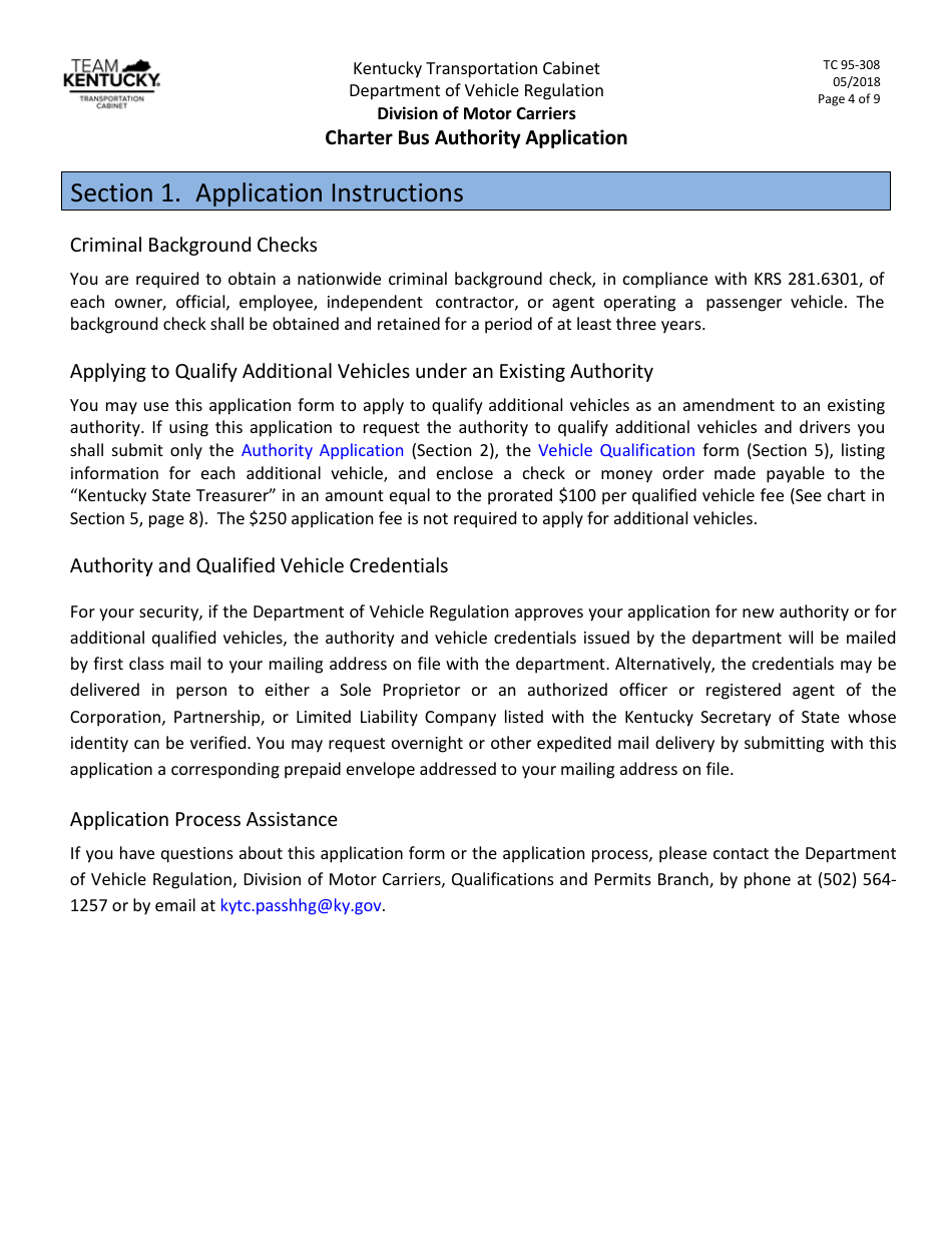 Form TC95-308 Charter Bus Authority Application - Kentucky, Page 4