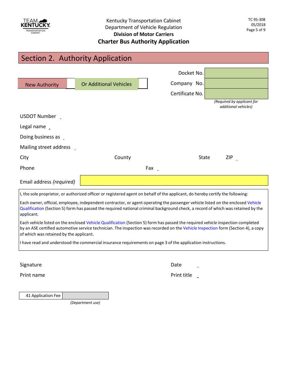 Form TC95-308 Charter Bus Authority Application - Kentucky, Page 5