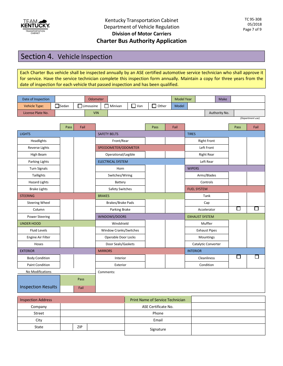 Form TC95-308 Charter Bus Authority Application - Kentucky, Page 7
