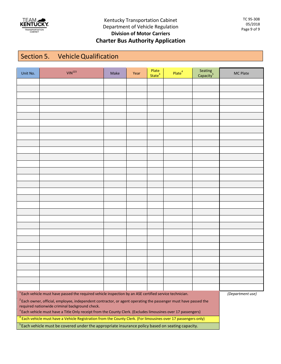Form TC95-308 Charter Bus Authority Application - Kentucky, Page 9