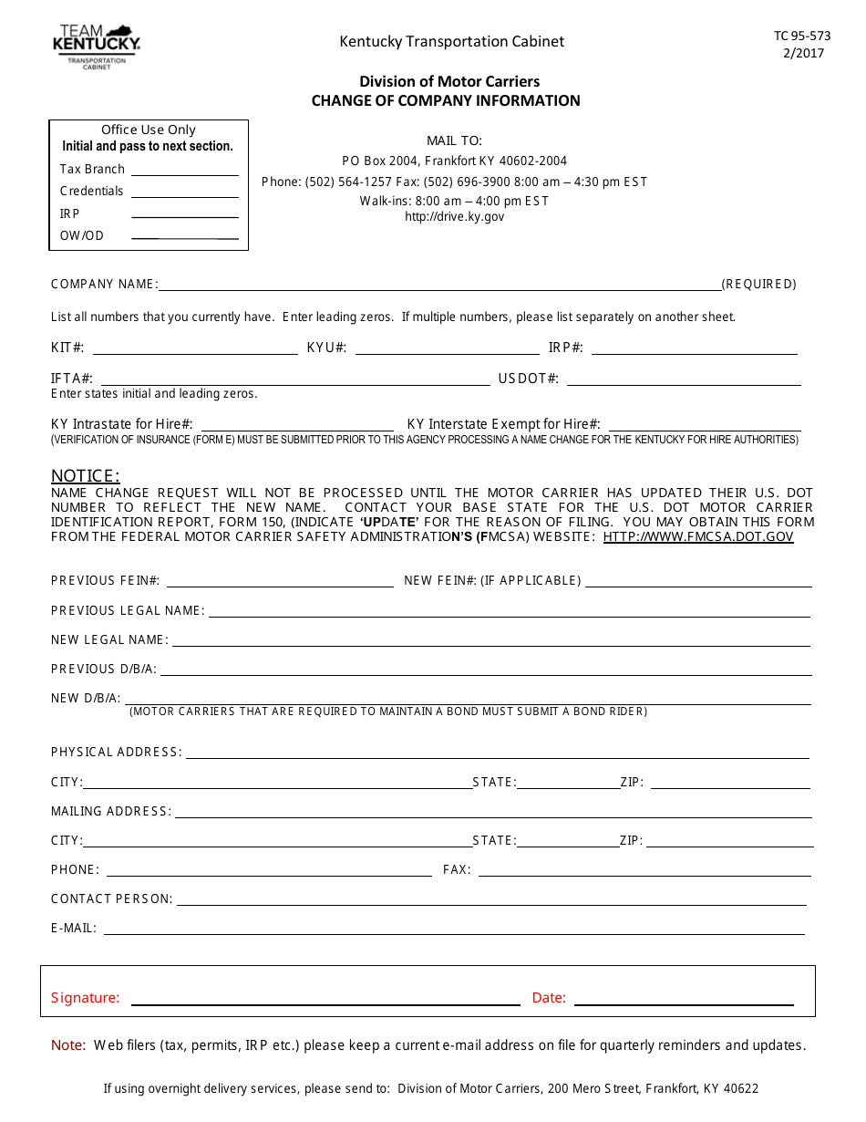 Form TC95-573 Change of Company Information - Kentucky, Page 1