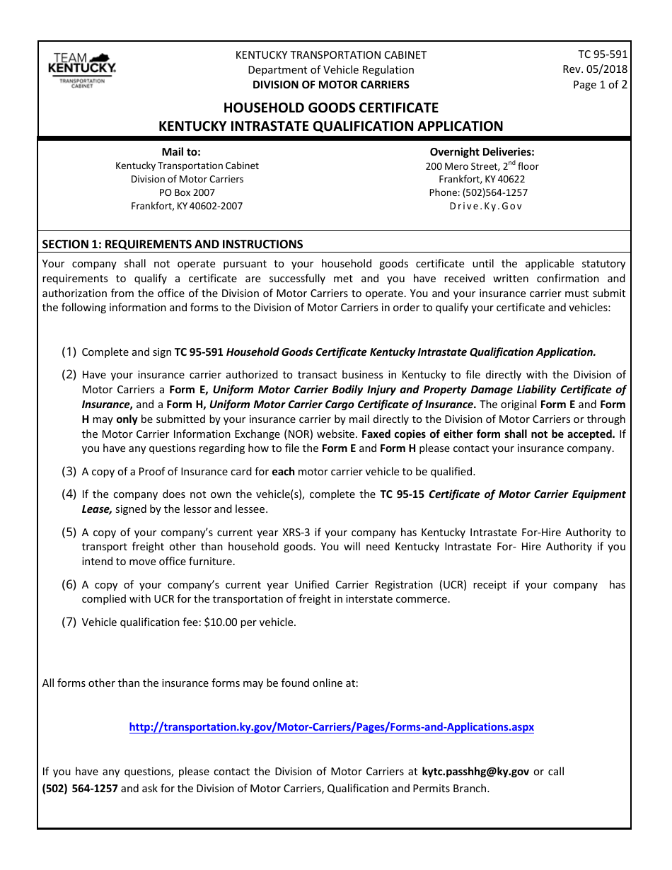 Form TC95-591 Household Goods Certificate Kentucky Intrastate Qualification Application - Kentucky, Page 1