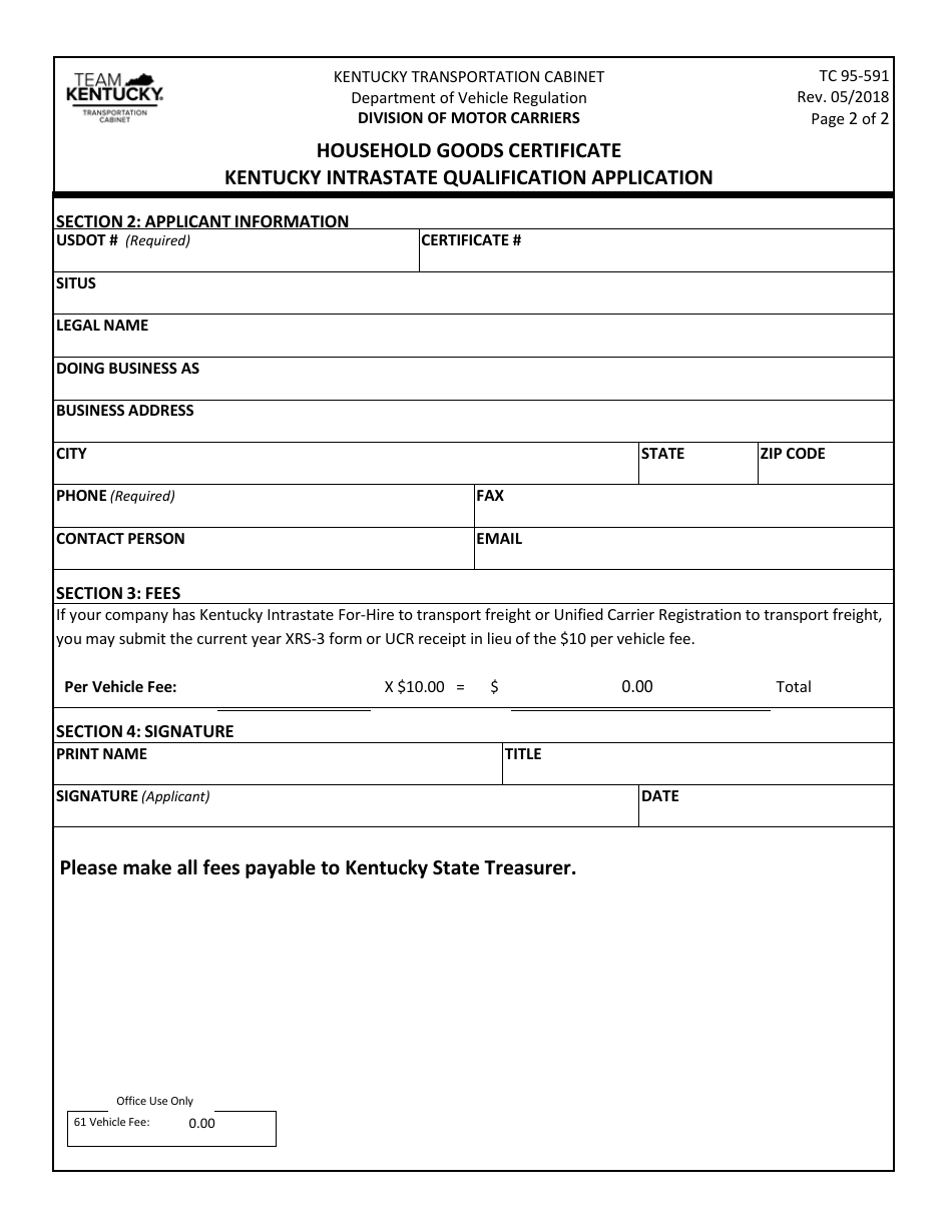 Form TC95-591 Household Goods Certificate Kentucky Intrastate Qualification Application - Kentucky, Page 2