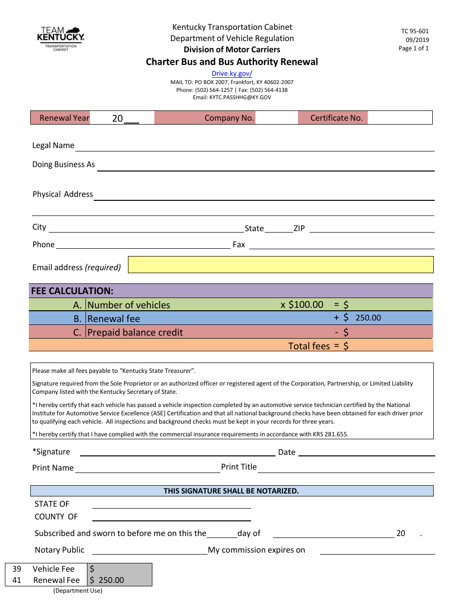Form TC95-601 Charter Bus and Bus Authority Renewal - Kentucky, Page 1