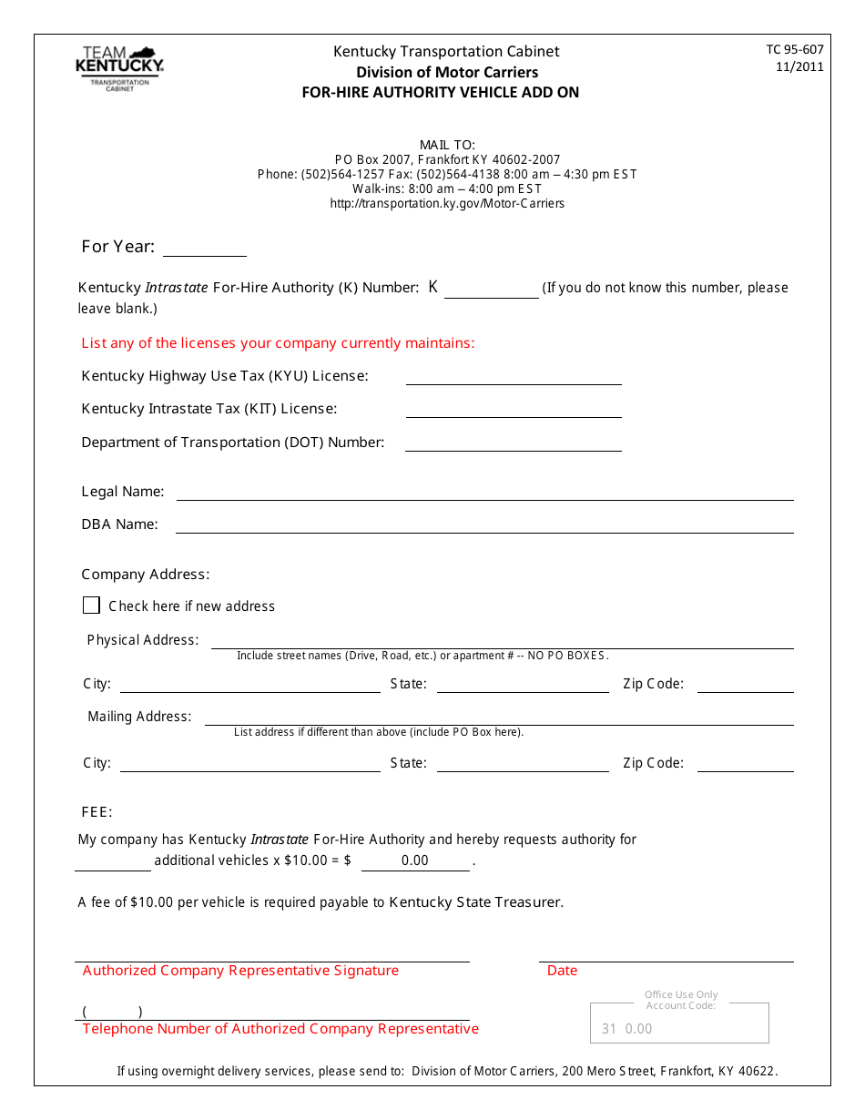 Form TC95-607 For-Hire Authority Vehicle Add on - Kentucky, Page 1