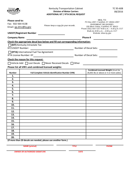 Form TC95-608 Additional Kit/Ifta Decal Request - Kentucky