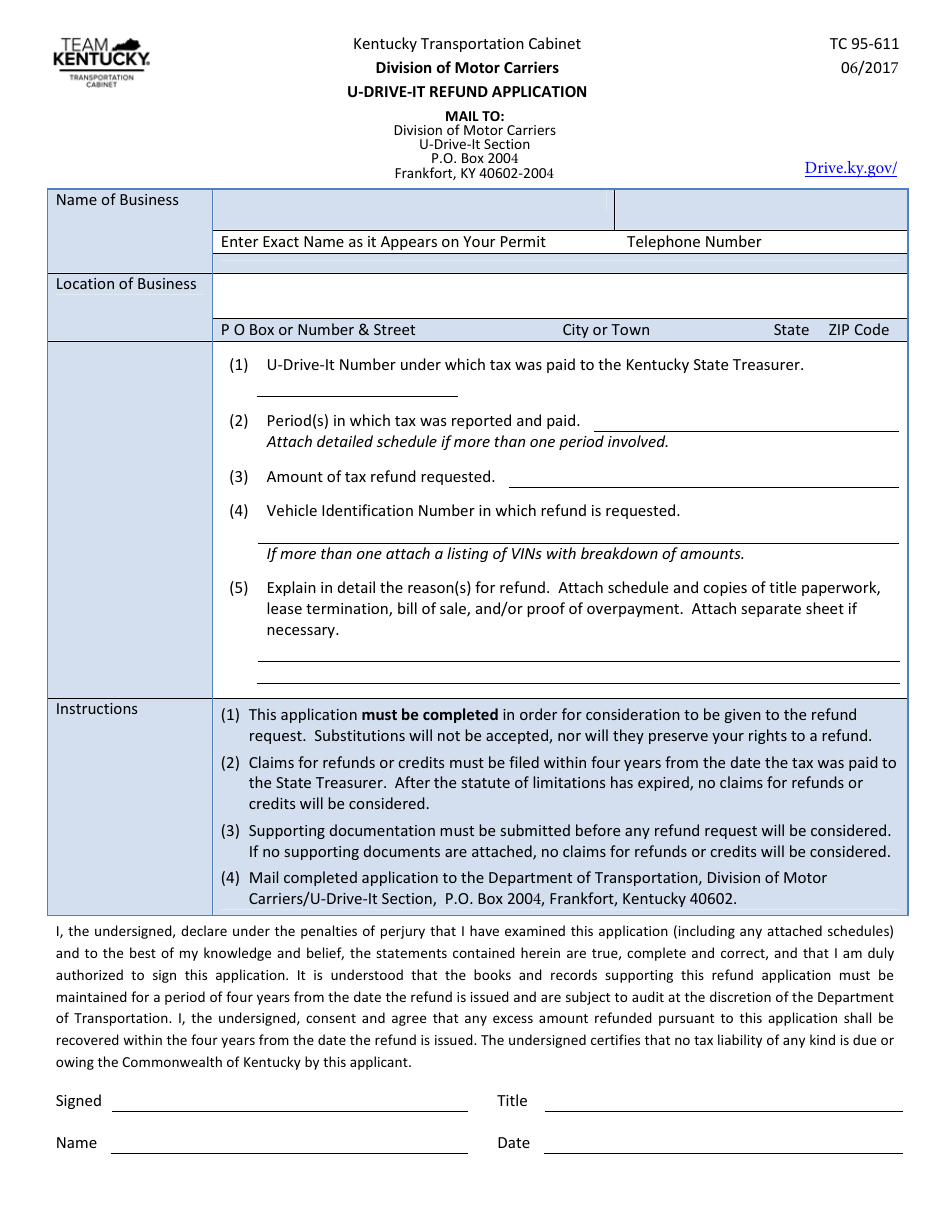 Form TC95-611 U-Drive-It Refund Application - Kentucky, Page 1
