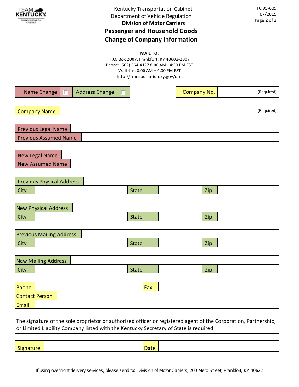 Form TC95-609 Passenger and Household Goods Change of Company Information - Kentucky, Page 2