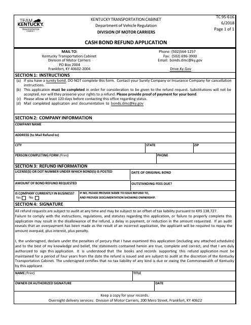 Form TC95-616 Cash Bond Refund Application - Kentucky