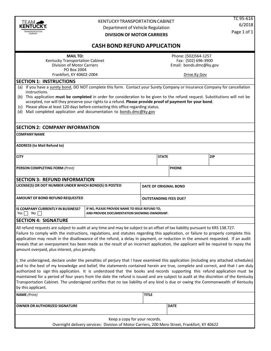Form TC95-616 Cash Bond Refund Application - Kentucky, Page 1