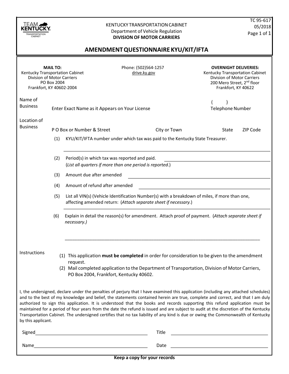 Form TC95-617 Amendment Questionnaire Kyu / Kit / Ifta - Kentucky, Page 1