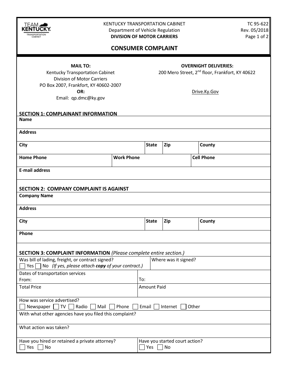 Form TC95-622 Consumer Complaint - Kentucky, Page 1