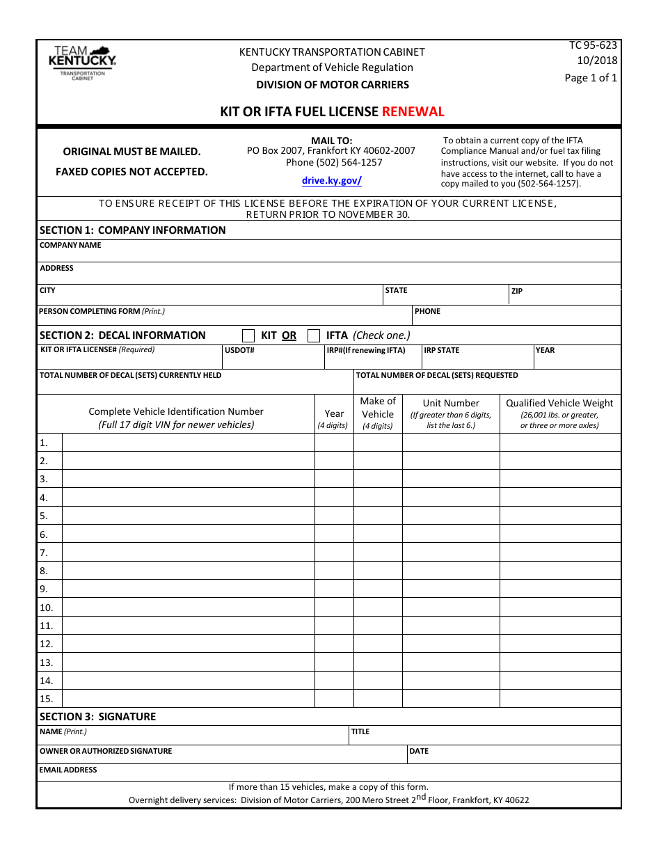 Form TC95-623 Kit or Ifta Fuel License Renewal - Kentucky, Page 1