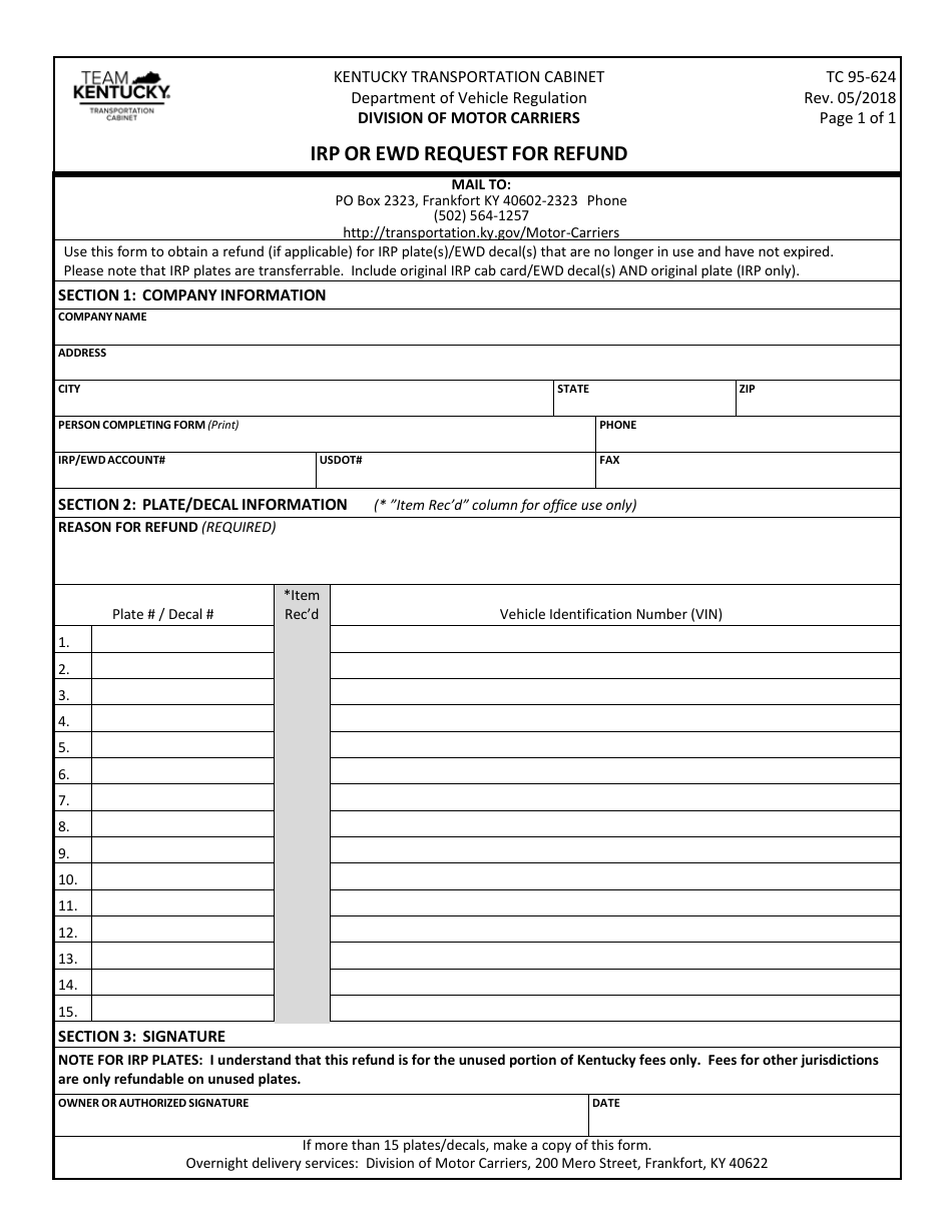 Form TC95-624 Irp or Ewd Request for Refund - Kentucky, Page 1