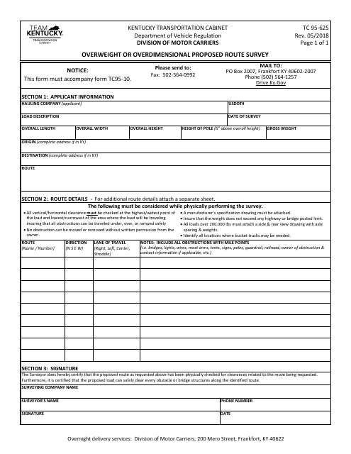 Form TC95-625 Overweight or Overdimensional Proposed Route Survey - Kentucky