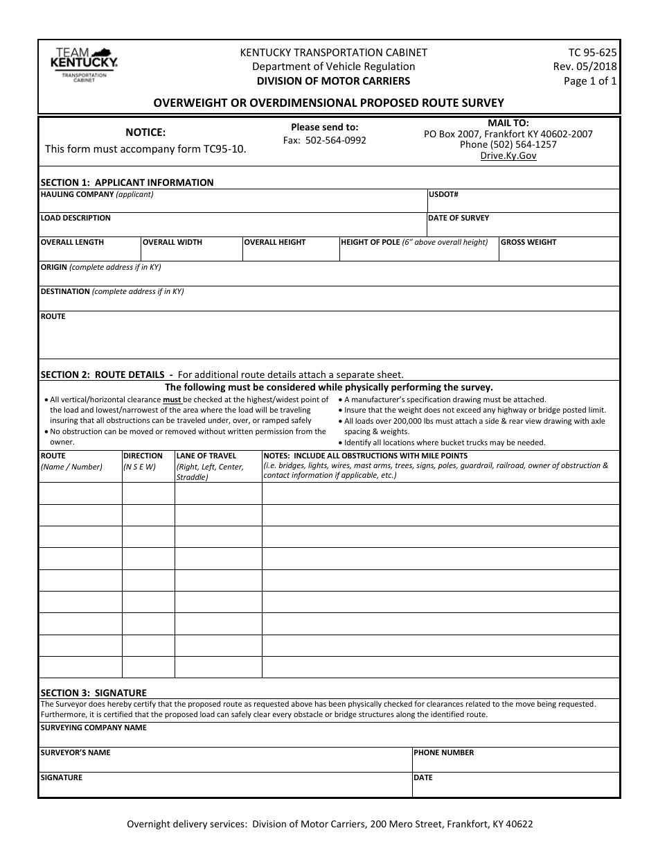 Form TC95-625 Overweight or Overdimensional Proposed Route Survey - Kentucky, Page 1