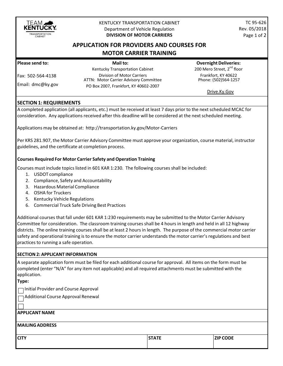 Form TC95-626 Application for Providers and Courses for Motor Carrier Training - Kentucky, Page 1
