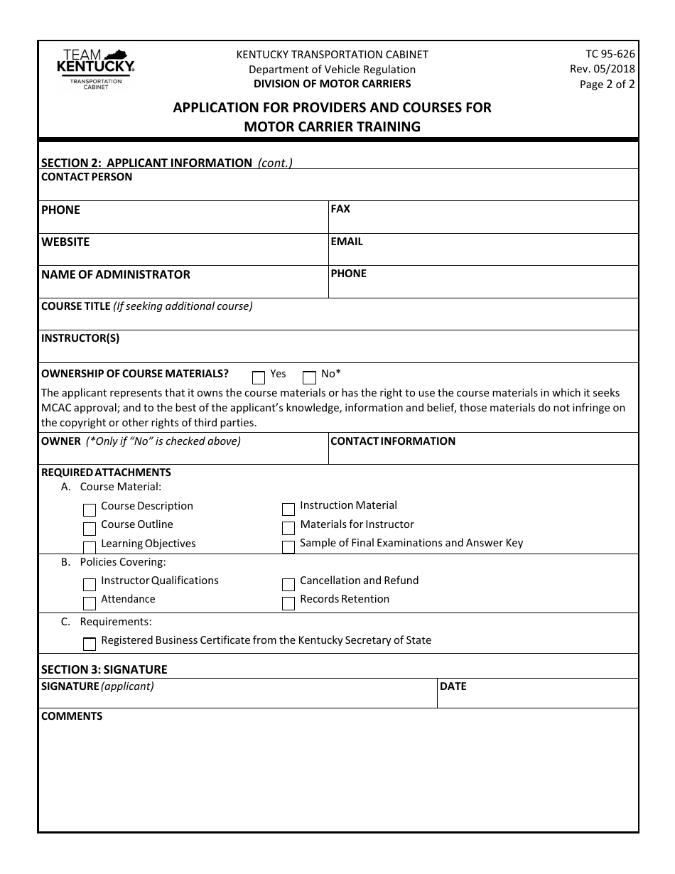 Form TC95-626 Application for Providers and Courses for Motor Carrier Training - Kentucky, Page 2