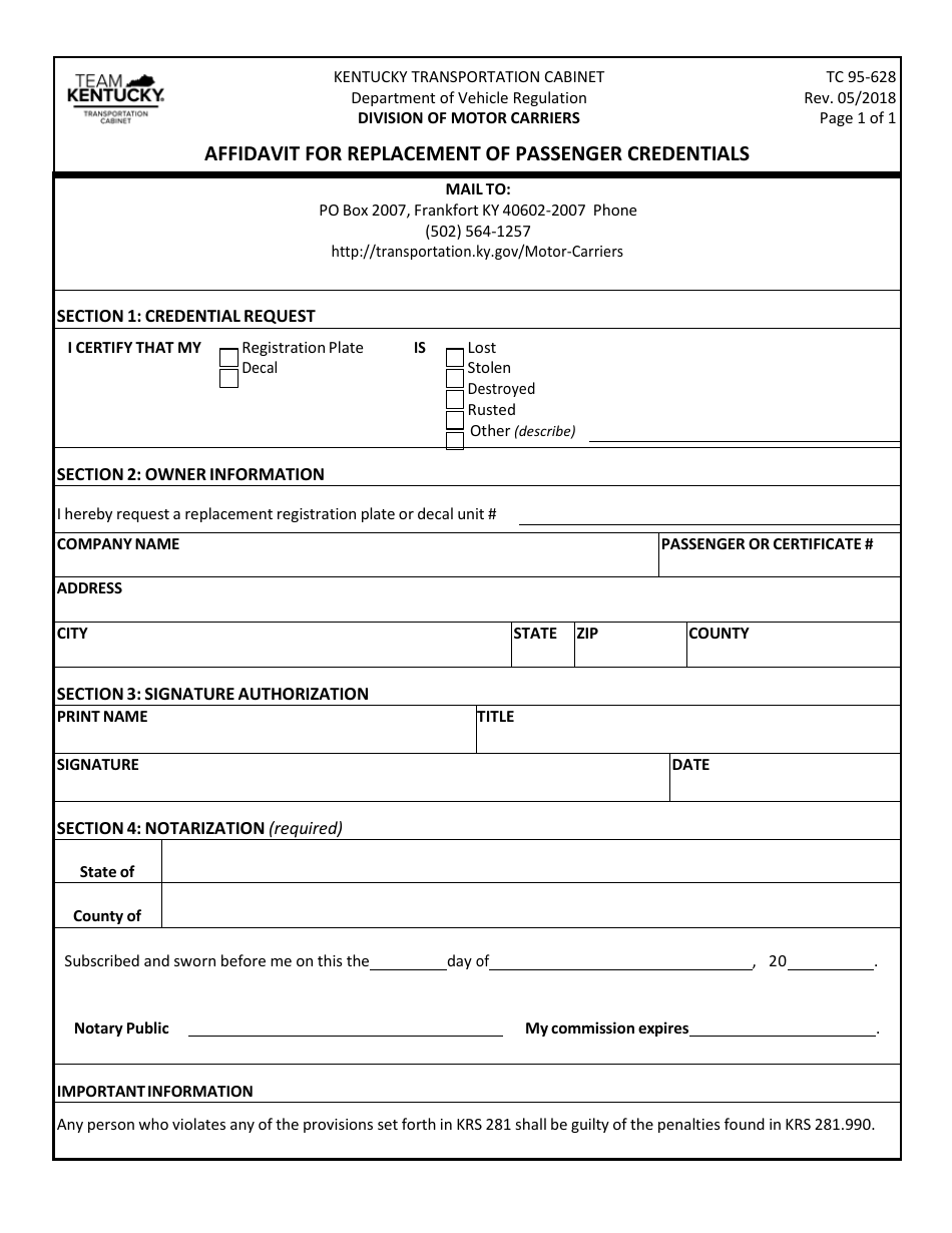 Form TC95-628 Affidavit for Replacement of Passenger Credentials - Kentucky, Page 1