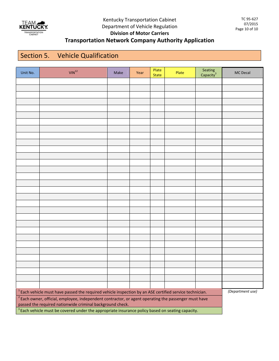 Form TC95-627 Transportation Network Company Authority Application - Kentucky, Page 10