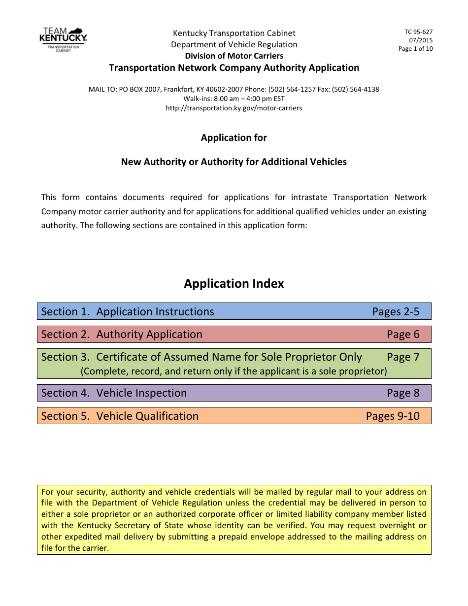 Form TC95-627 Transportation Network Company Authority Application - Kentucky, Page 1