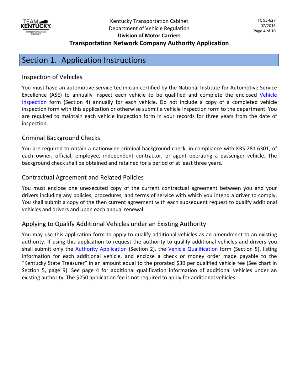 Form TC95-627 Transportation Network Company Authority Application - Kentucky, Page 4