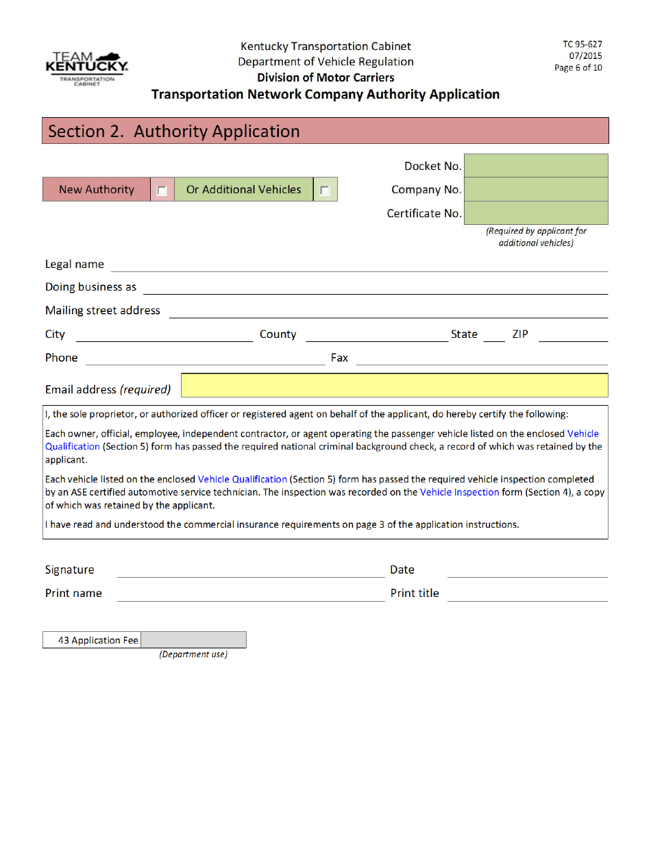 Form TC95-627 Transportation Network Company Authority Application - Kentucky, Page 6