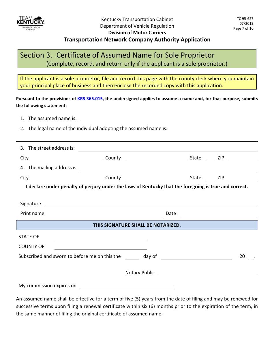Form TC95-627 Transportation Network Company Authority Application - Kentucky, Page 7