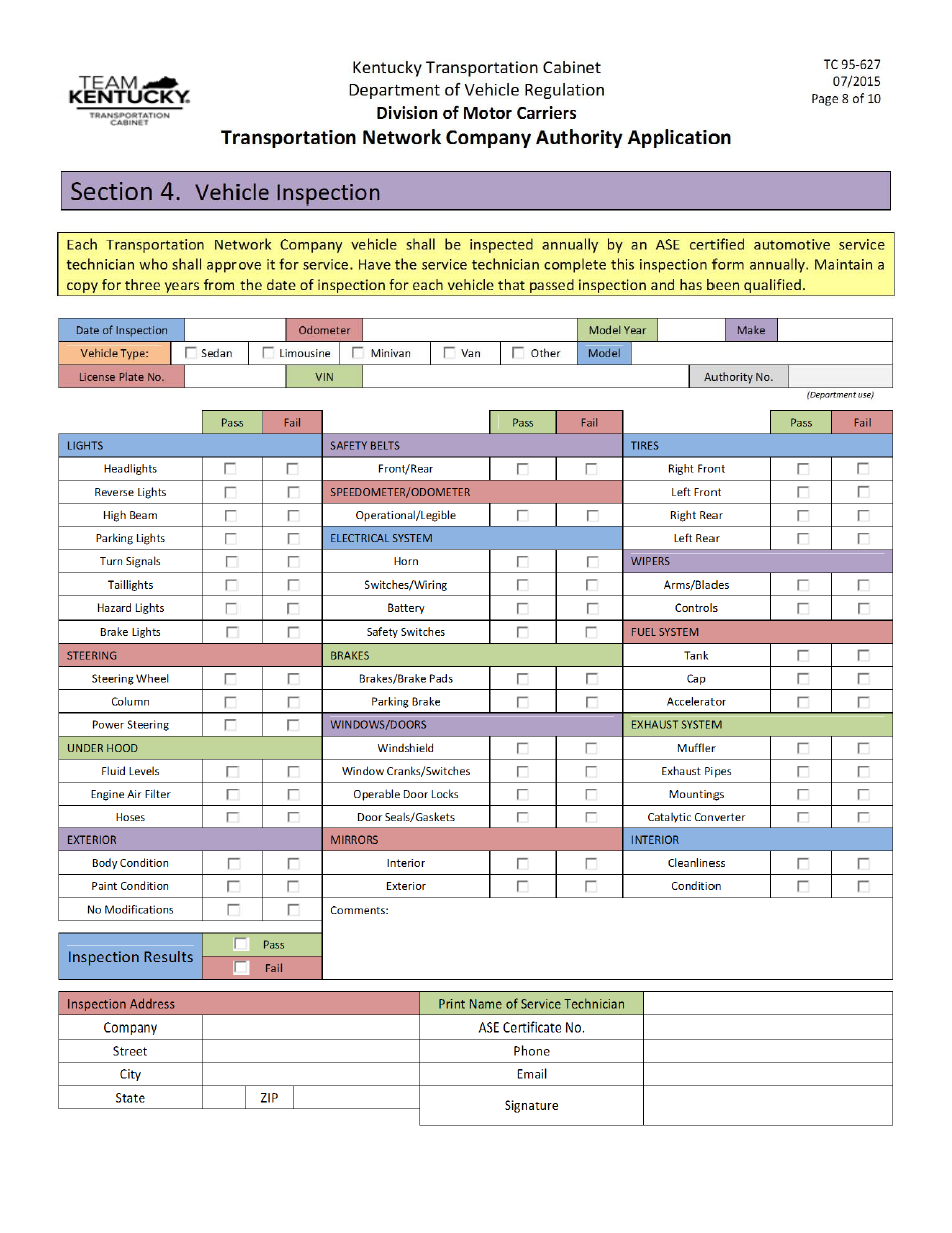 Form TC95-627 Transportation Network Company Authority Application - Kentucky, Page 8