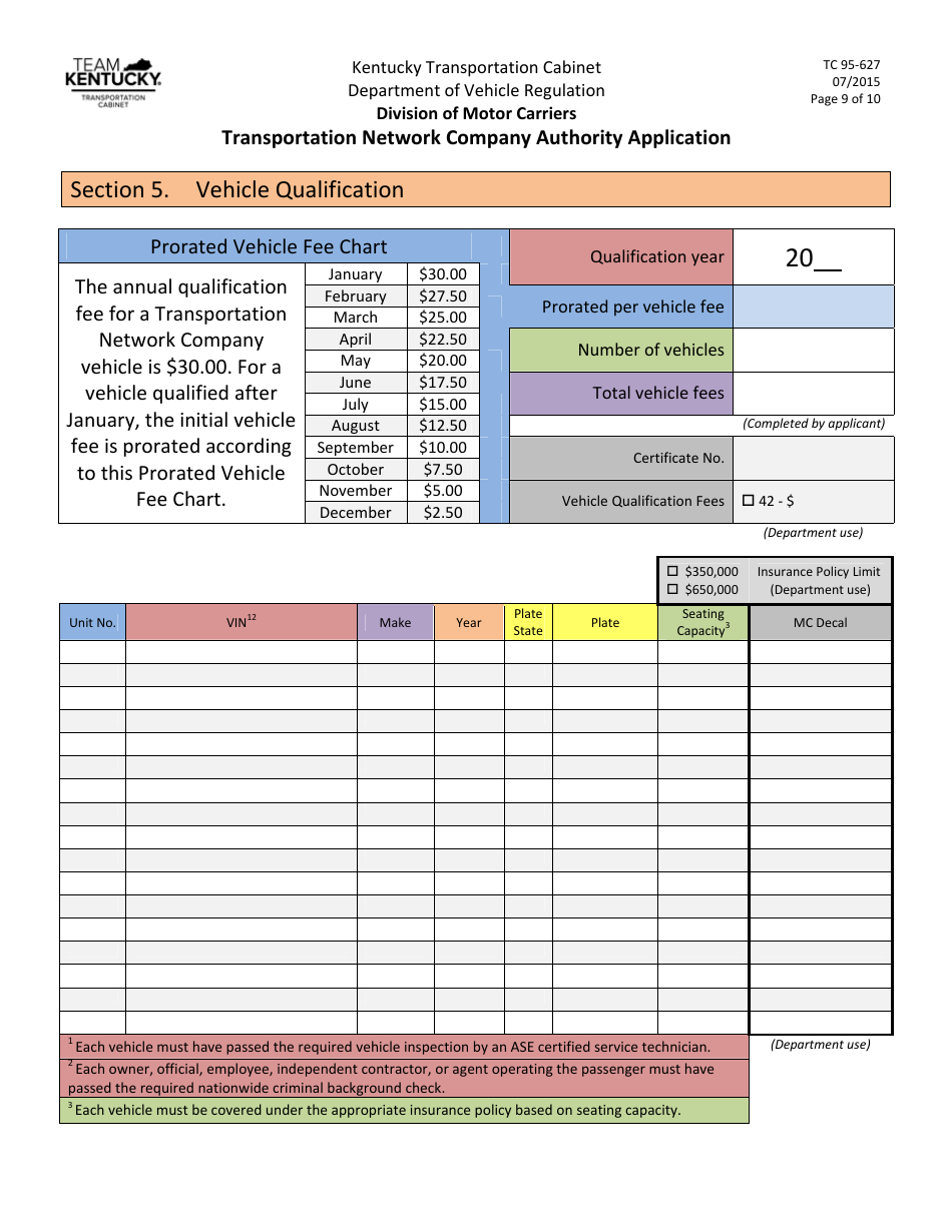 Form TC95-627 Transportation Network Company Authority Application - Kentucky, Page 9