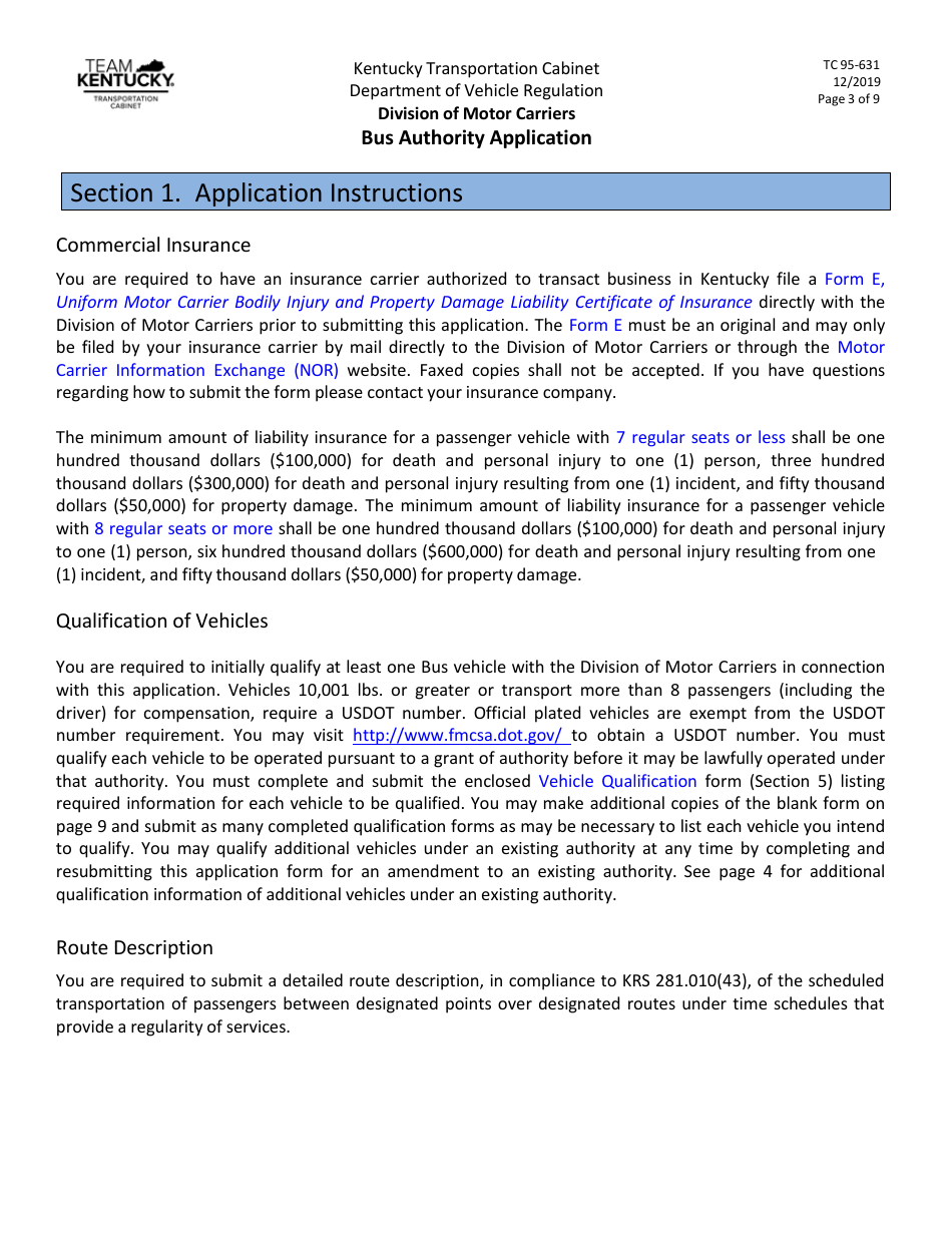 Form TC95-631 Bus Authority Application - Kentucky, Page 3