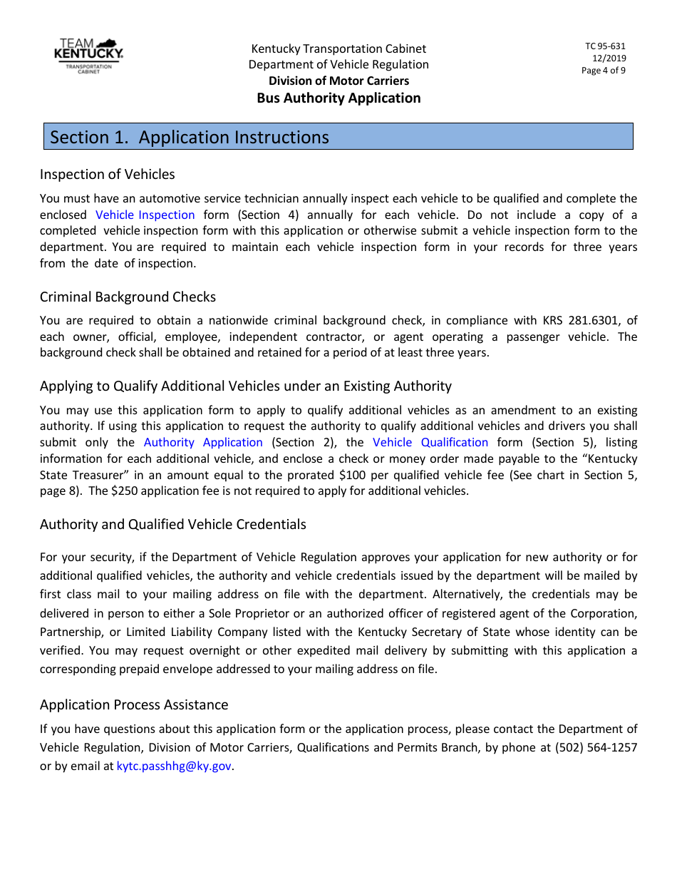 Form TC95-631 Bus Authority Application - Kentucky, Page 4