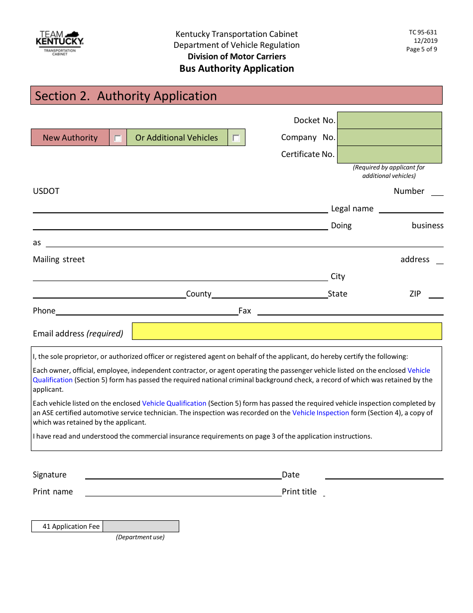 Form TC95-631 Bus Authority Application - Kentucky, Page 5
